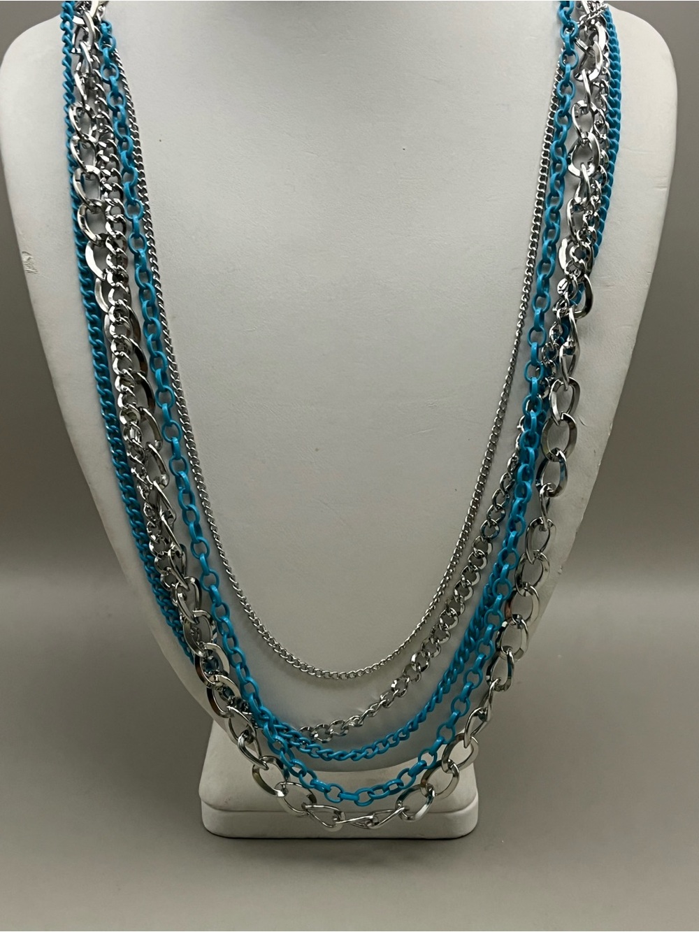 Multi-Strand Silver and Blue Chain Necklace - Women Jewelry